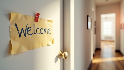 Welcome sign on a door in a bright hallway at home 