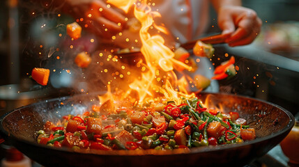 Fiery Culinary Artistry: Chef Masterfully Tossing Vibrant Vegetables in a Blazing Wok