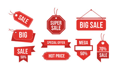 Red Sale Tags: Discounts and Promotional Offers. A collection of various red promotional tags & banners, featuring terms like "Sale," "Big Sale," "Super Sale," "Special Offer" and percentage discounts