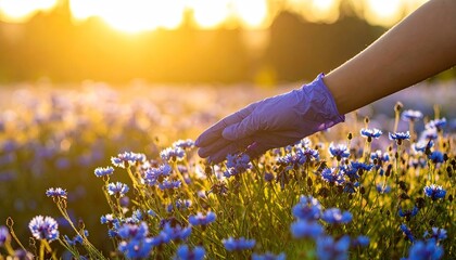 Gentle Touch of Sunset: Hand in Glove Caressing Cornflowers at Golden Hour