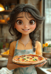 Smiling female character holding pizza on blurred background.