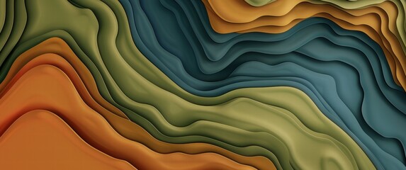 Layered olive, cerulean, rust abstract topography with elevation lines, premium render signature.