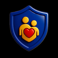 3D Blue Shield Icon with Two People and Heart Symbol, Family Protection and Care Concept, Security Badge, Love and Support Emblem