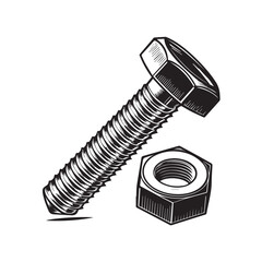 Black and white illustration of a bolt and nut with detailed texture