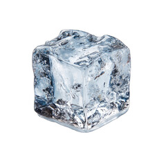 A single, clear ice cube, showing facets and texture