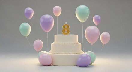 Birthday Cake with Golden Number Eight Candle and Pastel Balloons