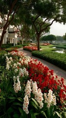Serene Pathway with Red and White Flowers through Lush Greenery and Modern Architecture Creating Peaceful Visuals.