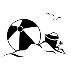 Sandy beach with ball and bucket outline