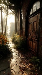 Sunlit Pathway with Flowers Leading to an Old Brick Building and Wooden Door, Evoking a Sense of Mystery.