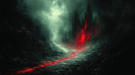 Burning castle, dark fantasy landscape, ominous path