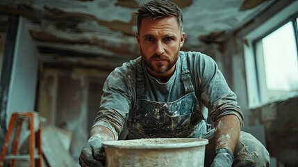 Focused construction worker holds a bucket of plaster in a renovated room.