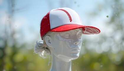 Mannequin Head with Embroidered Baseball clear red and white cap