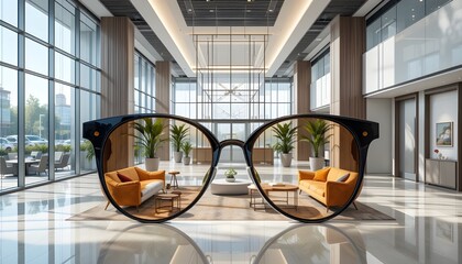 Sunglasses and a bright, modern office lobby interior design