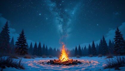 A campfire beneath a winter night sky full with stars abstract 