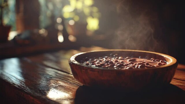 A steaming bowl of delicious feijoada on a rustic wooden table.