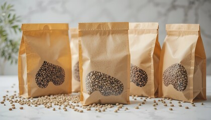 Food delivery bags made of clear brown paper with seeds on a white table