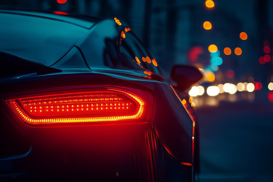 Red car taillights illuminate night road, automotive transportation detail