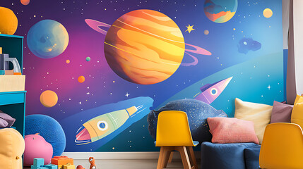 Naklejka premium Vibrant kid room featuring galaxy design with planets, rockets, and colorful decor, creating playful and imaginative atmosphere