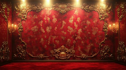 Luxurious red room with ornate gold trim and lighting.