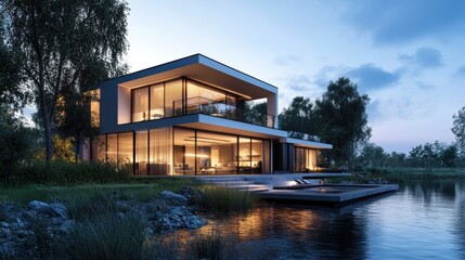 Obraz premium 3d rendering of modern house by the river house, luxury, villa, modern, architecture, building, exterior, residential, property, designer