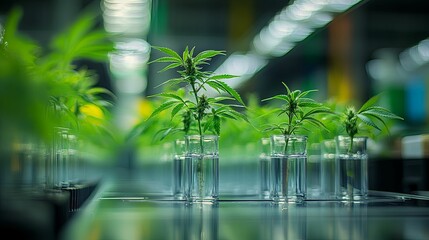 Cultivated cannabis plants in a controlled environment lab setting.