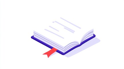 Isometric illustration of an open book with a red bookmark, showcasing pages filled with text, presented against a white background