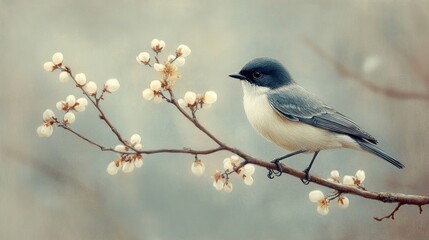 Delicate Bird Perched on Blossoming Branch in Springtime
