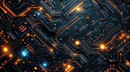 Intricate circuit board network glowing with vibrant lights.