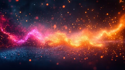 Abstract glowing swirling particles, vibrant colors, dark background, product display