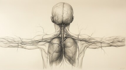 Posterior human anatomy drawing, medical illustration, studio background, educational use