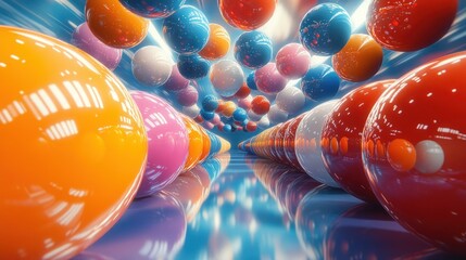 Colorful spheres tunnel, vibrant reflections, dynamic abstract background