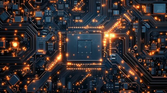 Intricate circuit board illuminated with glowing components. - Powered by Adobe