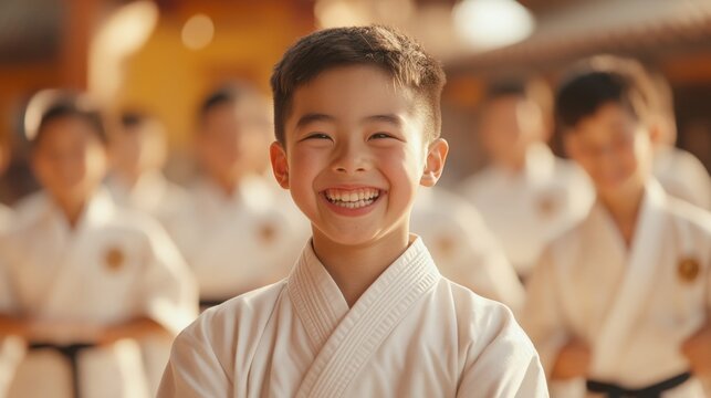 Young People in Martial Arts Kimono Smiling in Their Uniform