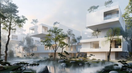 White cubist complex dramatic cantilevers intersect, a zen garden with morning mist surrounds the residential design.