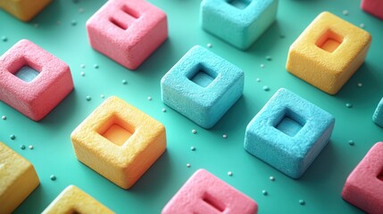 Colorful square candy treats on mint background with subtle dots