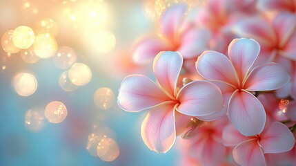 Delicate pink plumeria flowers bathed in soft sunlight.