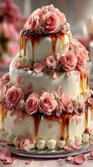 Elegant Three-Tiered Cake Adorned with Pink Roses and Drizzled Toffee, Perfect for Celebrations and Special Occasions.