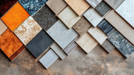 Various tile and stone samples for interior design.