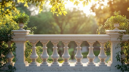 Elegant stone balustrade in a sunlit garden setting.