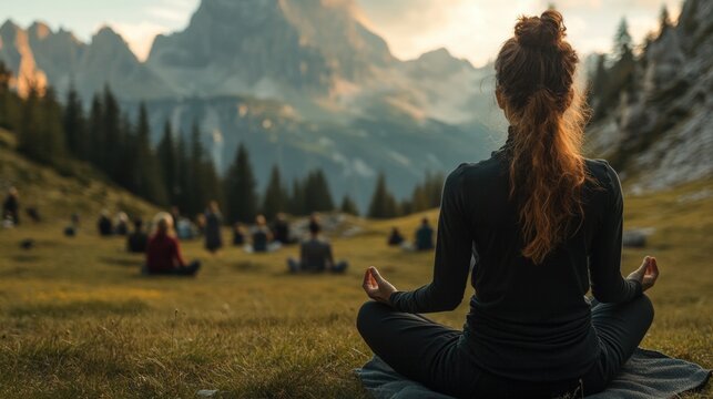Woman Meditating in Nature with Mountain Backdrop