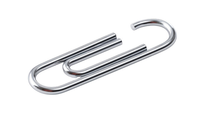 Paperclip Detail: A close-up, studio-quality shot showcasing a single, shiny metallic paperclip against a clean backdrop, highlighting its simple, elegant design and utility.