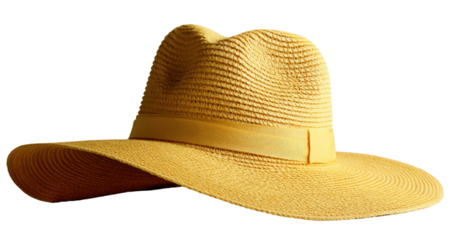 Golden Sun Hat: A wide-brimmed sun hat, a quintessential accessory for a sunny day, resting elegantly in a studio setting, radiates warmth, and invites you to embrace the allure of outdoor adventures.