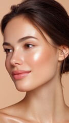 Obraz premium Close-Up Portrait of a Young Caucasian Woman with Glowing Skin and Natural Makeup
