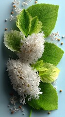 Floral arrangement featuring delicate white blooms, vibrant green leaves, and tiny white and tan spheres on light blue.