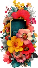 Floral Arrangement with Colorful Blossoms and Decorative Frame, Artistic Botanical Composition for Creative Projects