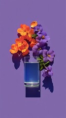Floral Still Life: Clear Glass Filled with Blue Liquid Surrounded by Orange and Purple Blossoms on Light Violet Background
