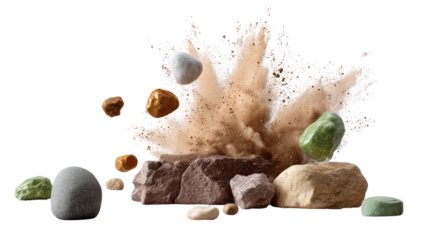 The Stone Explosion: A dynamic composition showing colorful stones and rocks being ejected with explosive power and a background. 