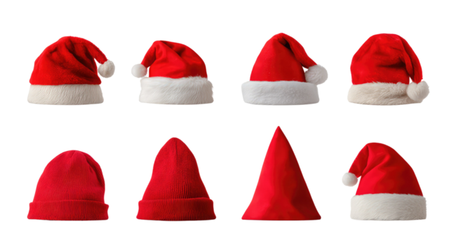 Set of Santa Hats: Assorted styles of red Santa hats, capturing the festive spirit. Perfect for adding holiday cheer to your designs.