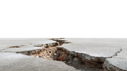 Cracked Asphalt: A large crack in asphalt pavement, extending into the distance. The crack reveals the earth below, creating a dramatic visual of damage and instability.