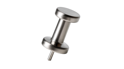 Minimalist Metal Thumb Tack: A close-up photograph of a sleek, metallic thumb tack, poised on a subtle angle, highlighting its industrial design and minimalist aesthetic.